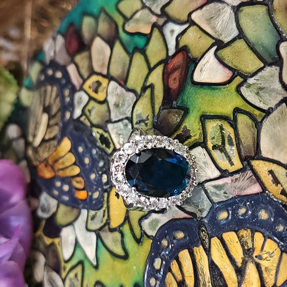 Sapphire & Diamond Silver (Faux) Fashion Cocktail Style Ring - Size 5 3/4 - Picture 5 of 8